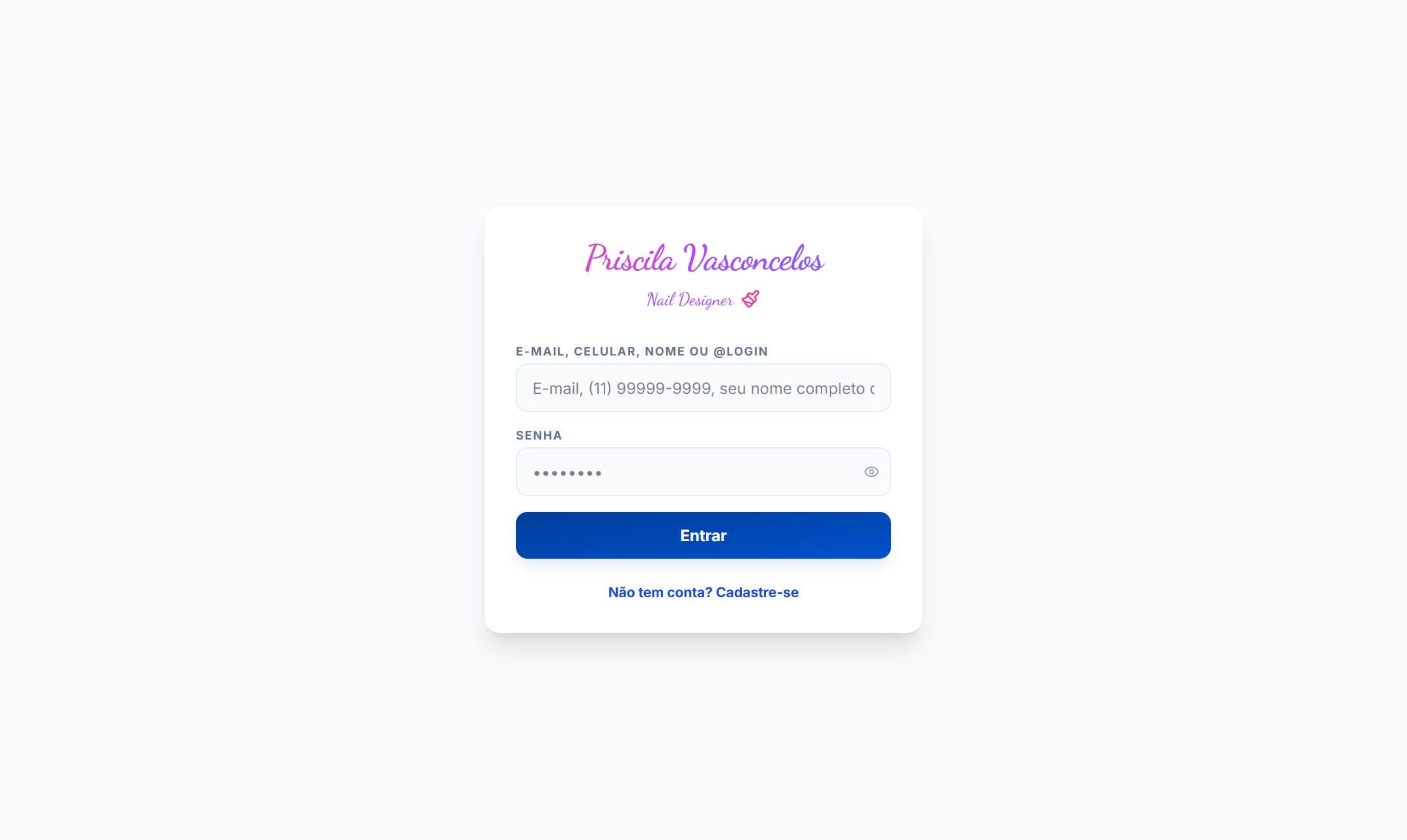 Tela de entrada do sistema da Priscila Nails Designer